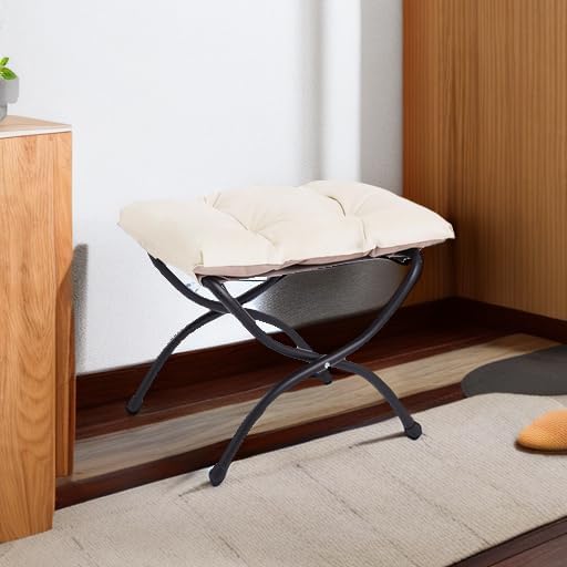 LITA Folding Upholstered Footrest Stool, Modern Small Portable Accent Ottoman with Detachable Thick Cotton Cushion Padded Sofa Stool with Metal Frame for Lazy Chair, Living Room & Bedroom, Beige