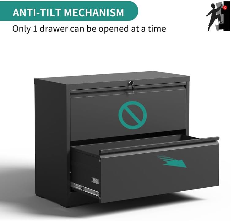 2 Drawer Lateral File Cabinet with Lock, Metal Filing Cabinets for Home Office, Steel Storage Wide File Cabinet for Letter/Legal/F4/A4 Size with Hanging Bars, Assembly Required (Black)