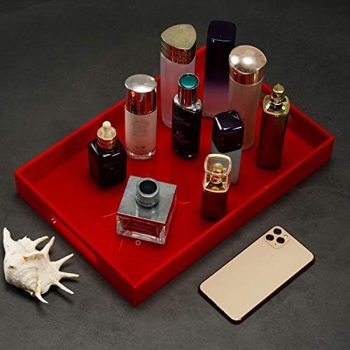 Sturdy Red Acrylic Serving Tray with Handles - 10x15Inch, Coffee, Appetizer, Breakfast, Butler Tray - Kitchen Countertop & Vanity Table Organizer