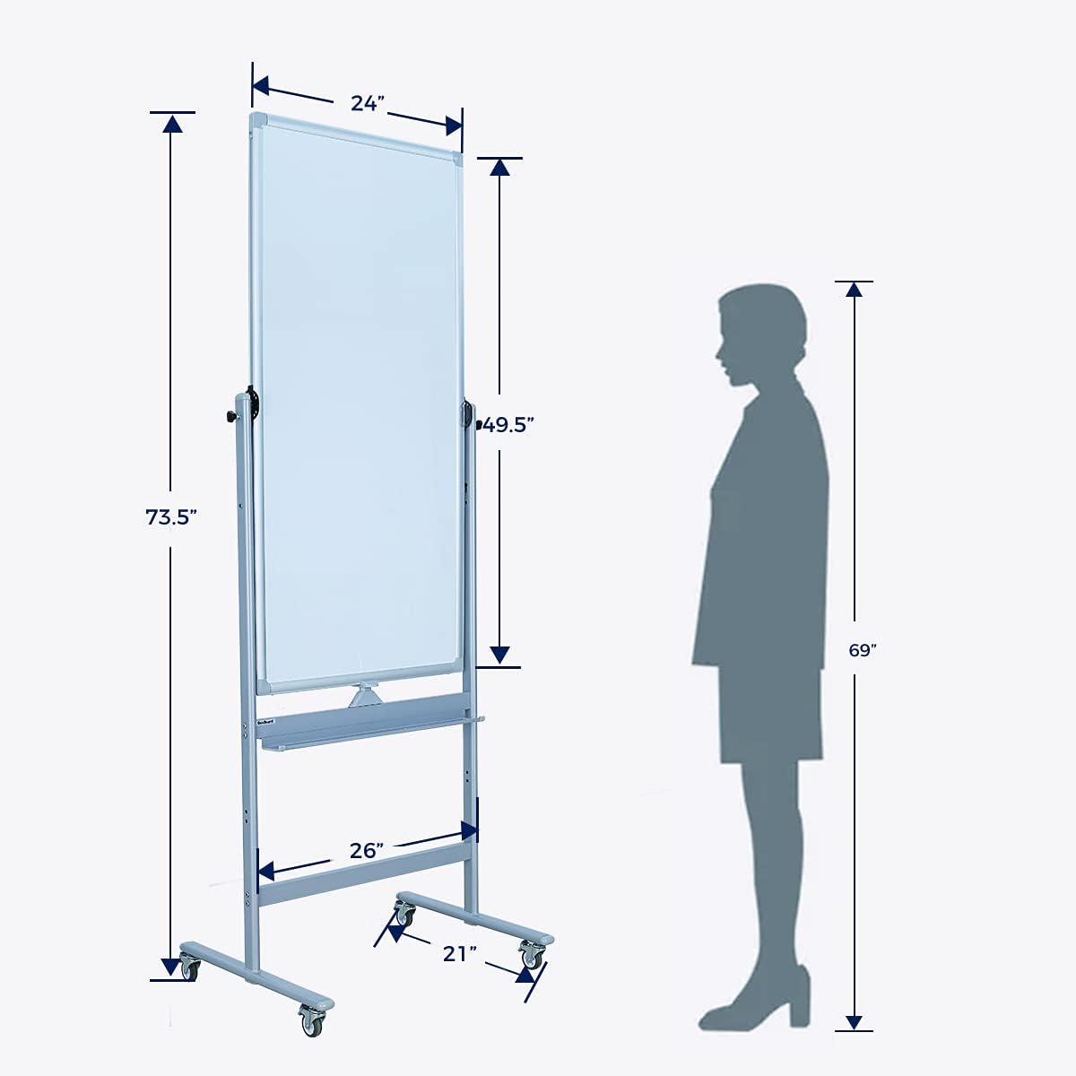 Magnetic Mobile Whiteboard 48x24-in 360° Reversible Two-sided White Board with Wheels, Portable Dry Erase Board Easel with Stand for Office Classroom, Include 6 Dry Erase Markers and 1 Eraser
