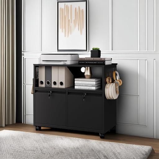 Letaya Mobile 2 Drawer File Cabinet with Lock, Metal Lateral Printer Stand Filing Storage Cabinets with Shelves for Home Office-A4/F4/Letter (Black)