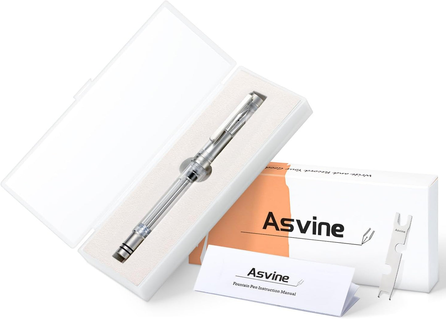 Asvine V200 Titanium Fountain Pen Vacuum Filling, Bock Medium Nib Clear Transparent Acrylic Smooth Writing Pen Case Set