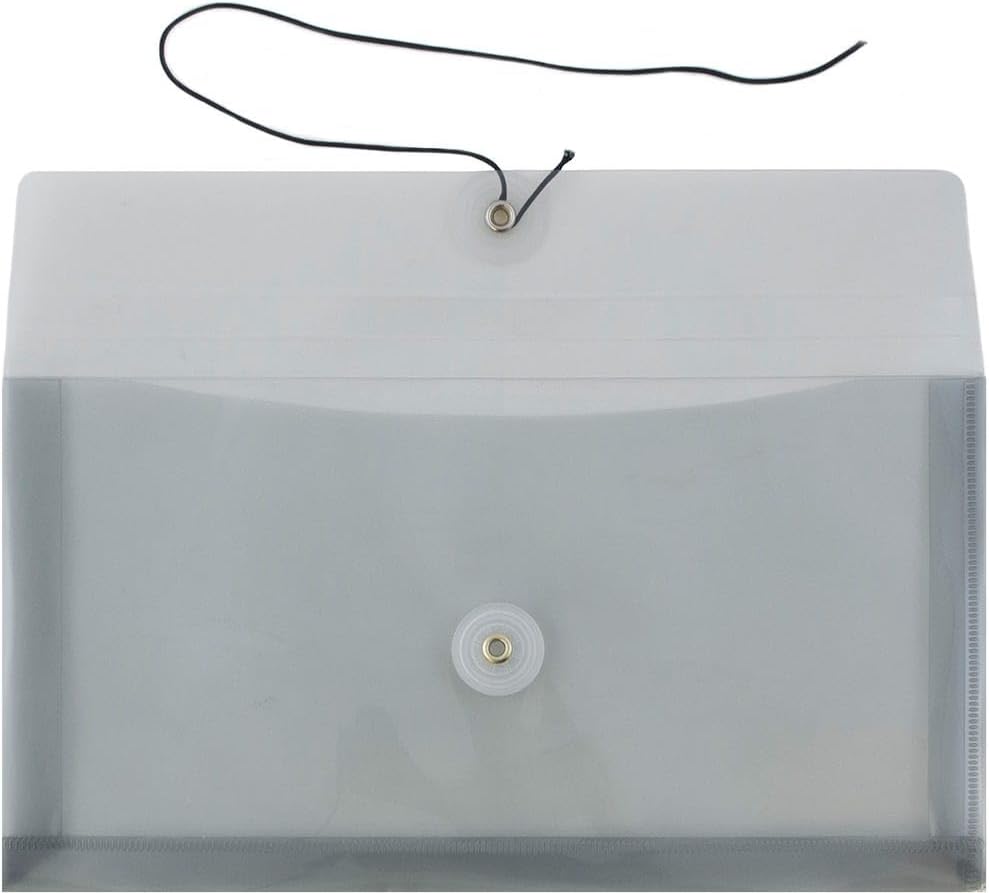 JAM PAPER Plastic Envelopes with Button & String Tie Closure - #10 Business Booklet - 5 1/4 x 10 - Smoke Gray - 3/pack