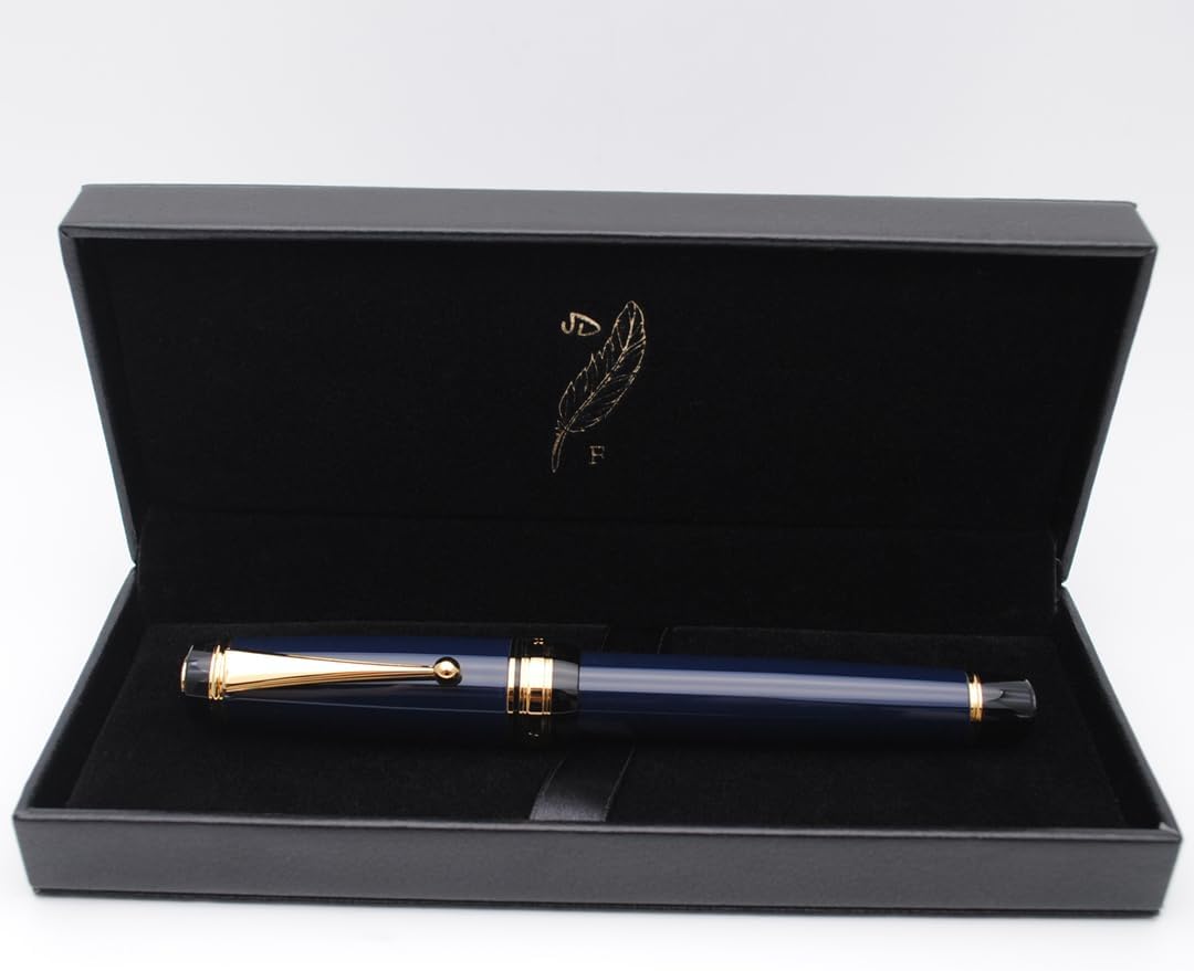 Metal Big Fountain Pen Set Medium Nib 0.7mm, Includes Ink Refill Converter, 5 Ink Cartridges & Gift Box (Medium Nib 0.7mm, Dark Blue)