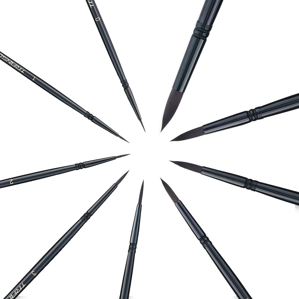 Transon Round Paint Brush Set 9pcs Synthetic Sable Hair for Acrylic Painting Watercolor Painting Gouache Ink Craft and Detail Painting Black Color