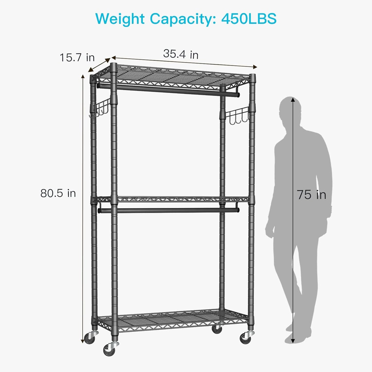 P1 Heavy Duty Garment Rack, 3 Tiers Adjustable Rolling Metal Closet Organizer with Lockable Wheels, FreeStanding Wardrobe with Double Hanger Rods & 1 Pair Hooks, Max Load 450 LBS, Gray