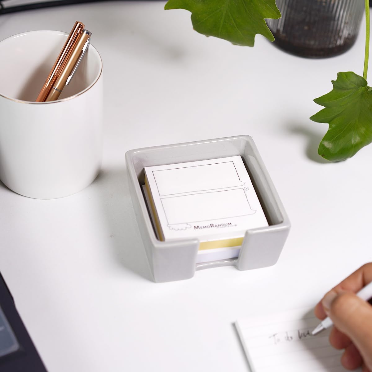 Ceramic Sticky Note Holder, 3 x 3" Sticky Note Dispenser, Notepad Holder for Desk, Office Essentials Organizer (Grey)