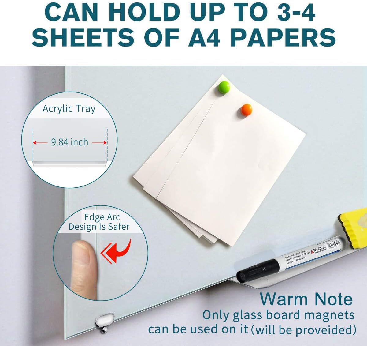 Magnetic Glass Whiteboard - Glass Dry Erase Board 48"x30" Large Frameless Tempered Glass Board for Walls Office School and Home