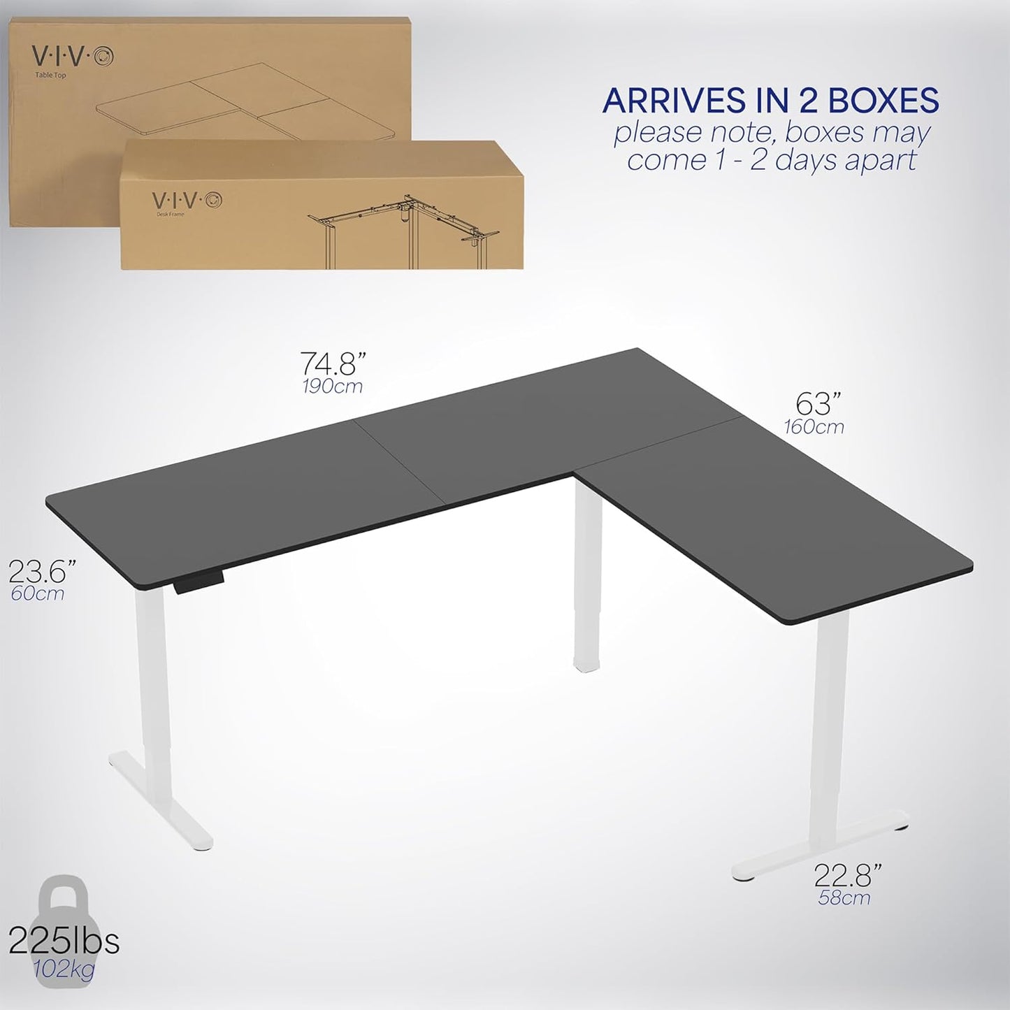 VIVO Electric Corner L-Shaped 75 x 63 in Standing Desk, Memory Height Adjustment, Black Top White Frame, DESK-E3CTWB-75