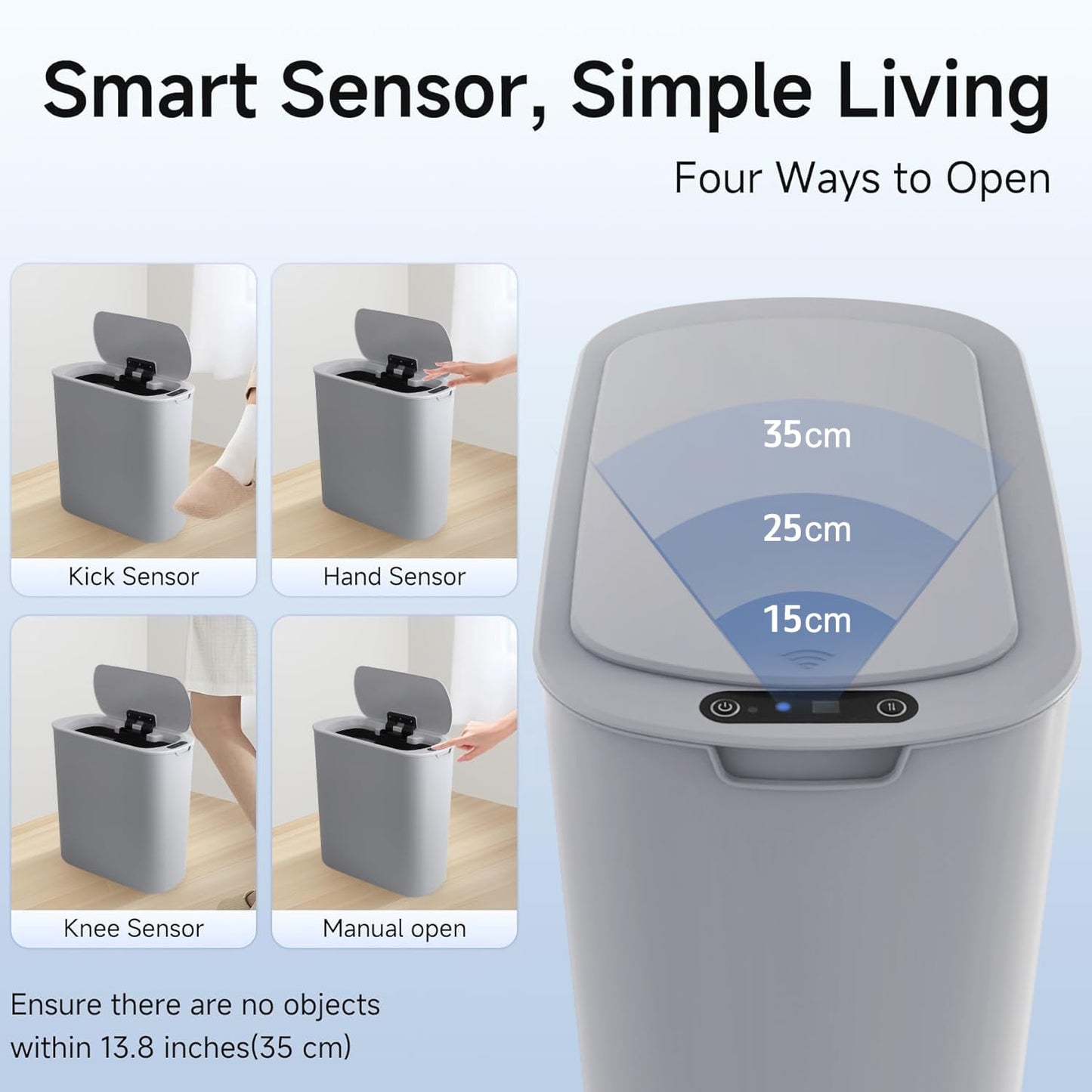 5 Gallon Motion Senor Bathroom Trash Can with Lid, Automatic Garbage Can Touchless, Smart Plastic Waste Basket for Narrow Spaces, Bathroom, Office, Bedroom, Living Room (Gray)