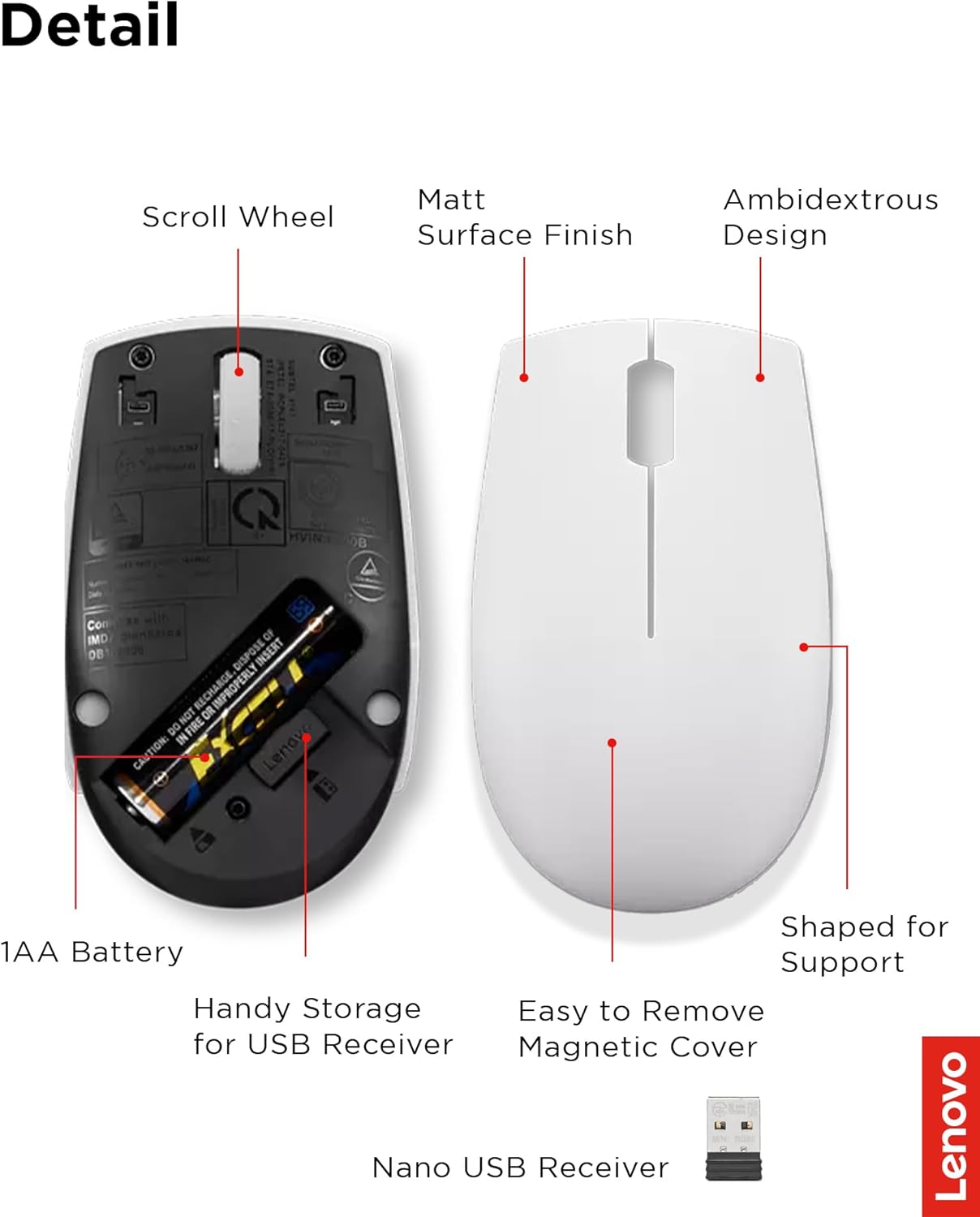Lenovo 300 Wireless Mouse – Computer Mouse for PC, Laptop with Windows – Ambidextrous Design – 2.4 GHz Nano USB Receiver – 12 Month Battery Life
