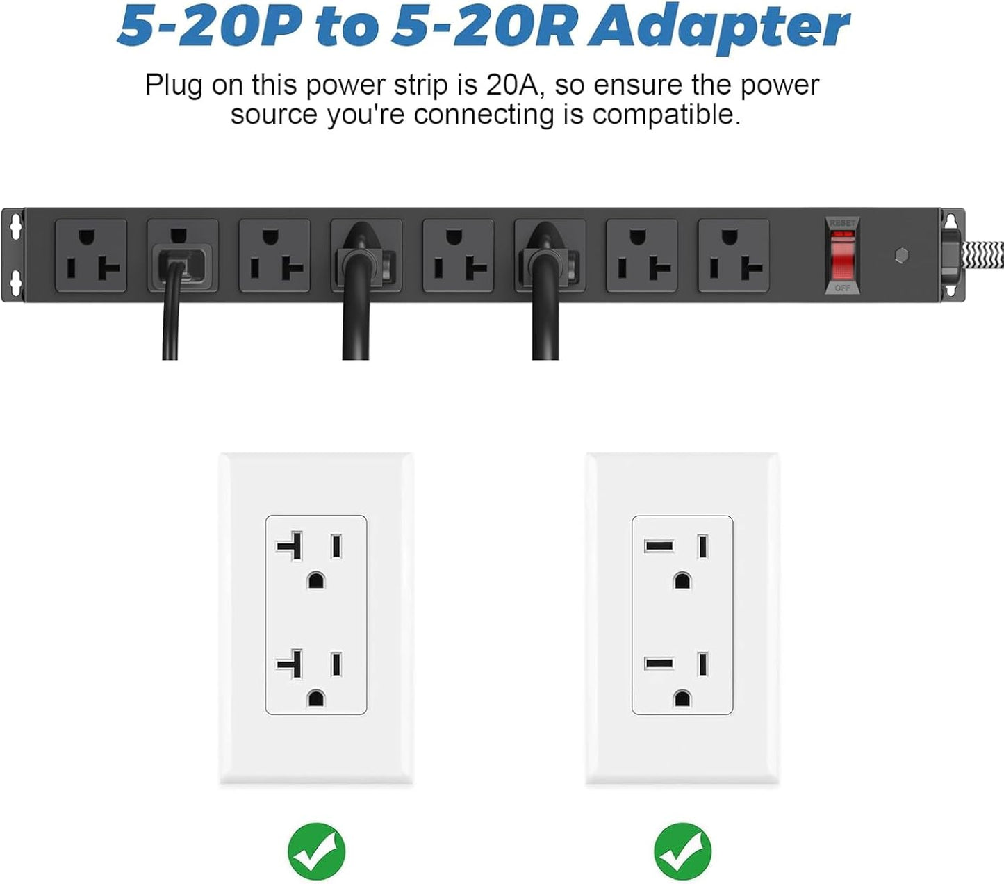 20 Amp Power Strip Heavy Duty, 12 Gauge Extension Cord for Appliance Workbench Garage Industrial, Metal 8 Outlets Combine with T-Plug Adapter 5-20R T-Slot, 1200J Surge Protector