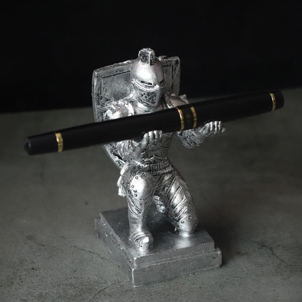 Resin Soldier Shield Knight Decor Statue Pen Holder Base for Desk, Desktop Organizer Pencil Stand Display for Office, School, Home, as Gift for Men Father