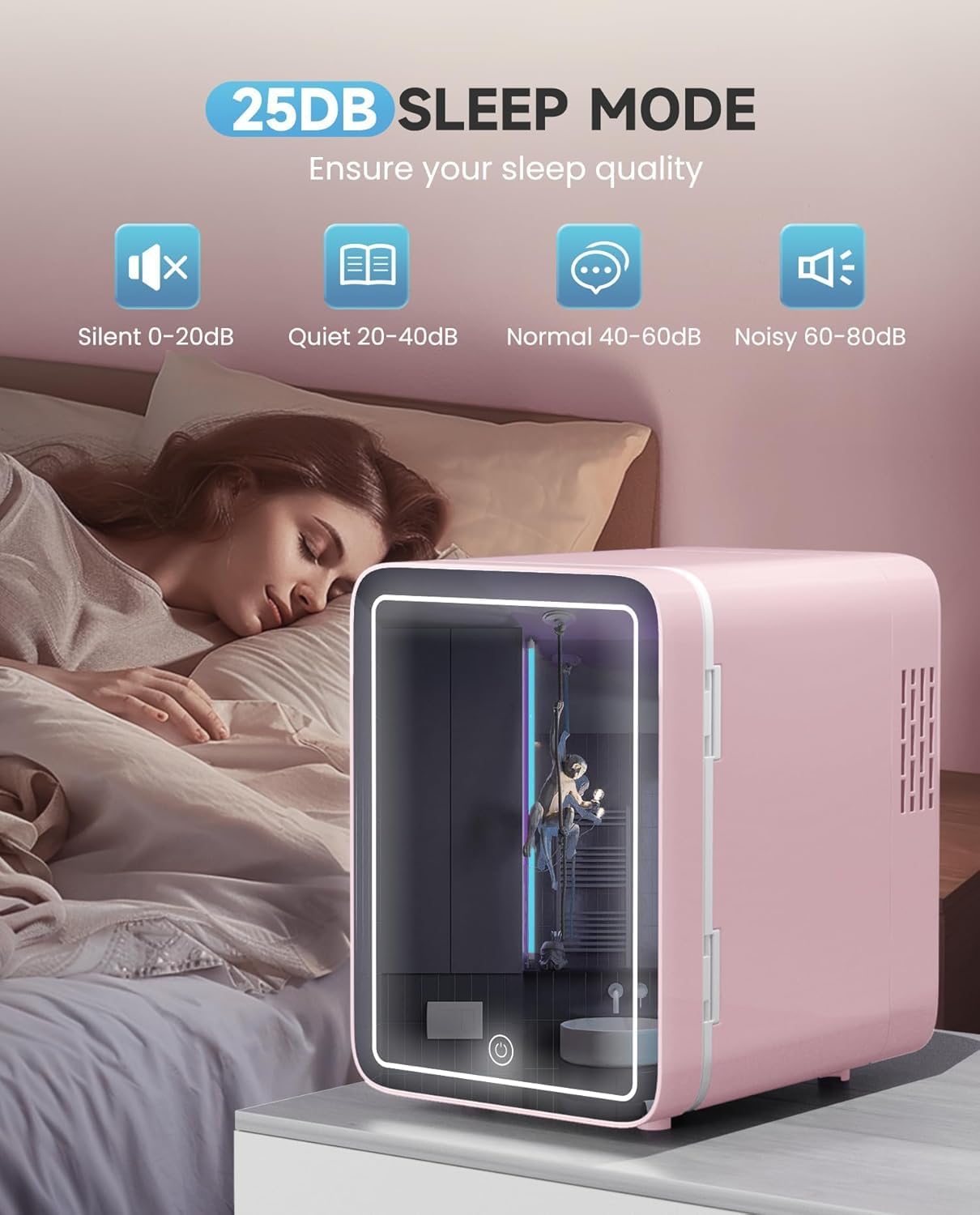 Skincare Fridge With Dimmable LED Light Mirror, 4L Makeup Mini Fridge for Bedroom, Car, Office & Dorm, Cooler & Warmer, Portable Small Refrigerator for Cosmetics, Skin Care and Food, Pink