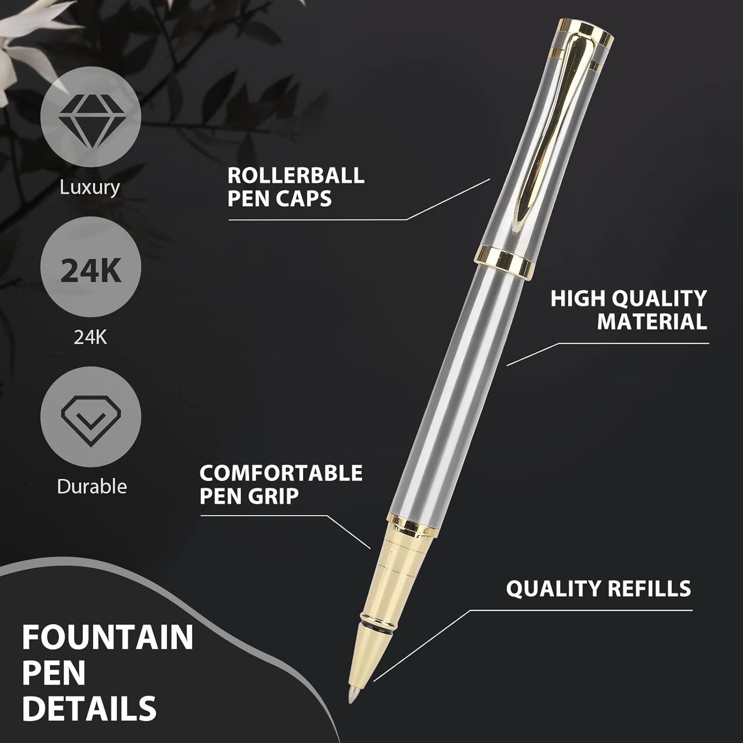 cheericome Luxury Ballpoint Pen - Professional Pen, Executive Pen, Journal Pen, Perfect for Silky Smooth Writing, with Gift Box, Nice Pen for Men and Women, 2 Extra 0.5mm Black Refills - Silver
