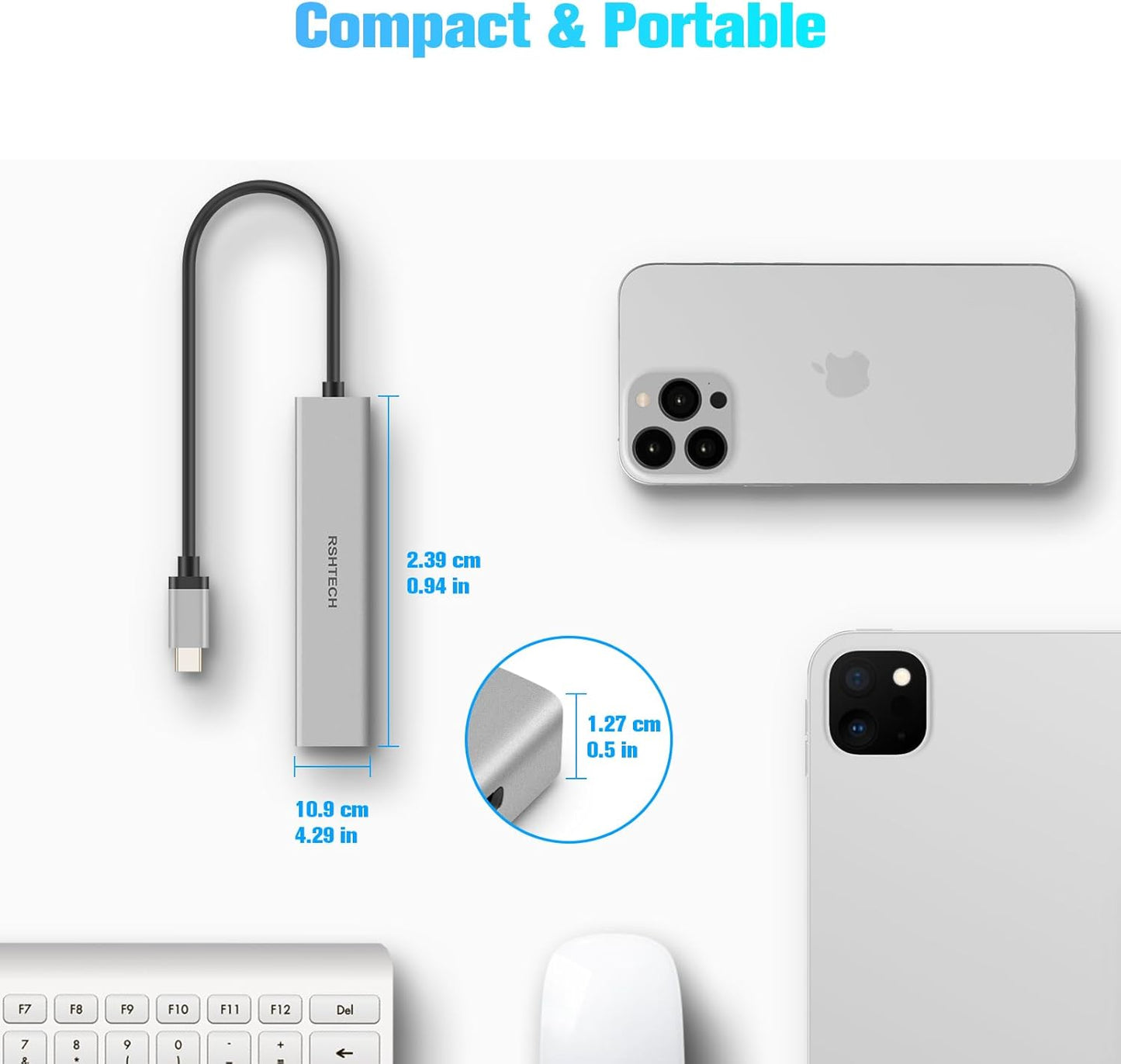 USB C Hub 10Gbps RSHTECH 4-Port USB C to USB-C 3.2 Gen 2 Dongle, Portable USB C Multiport Adapter for Thunderbolt/Type C Laptop and More, Gray (RX04)