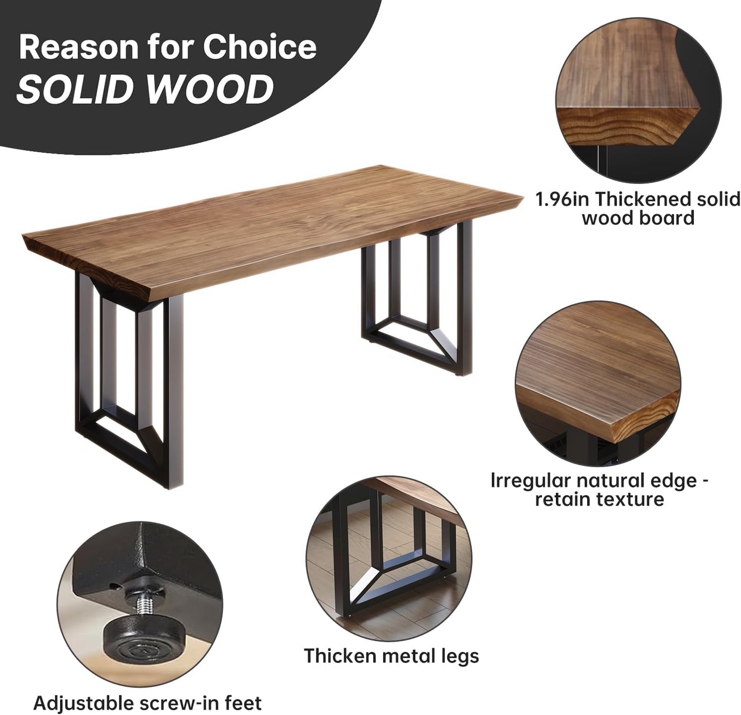 Solid Wood Computer Desk Study Office Desk 55" Writing, Modern Simple Style PC Table, Black Metal Frame, Solid Wood Planks 55" D x 27" W x 29" H for Home Office Bedroom,Rustic Brown