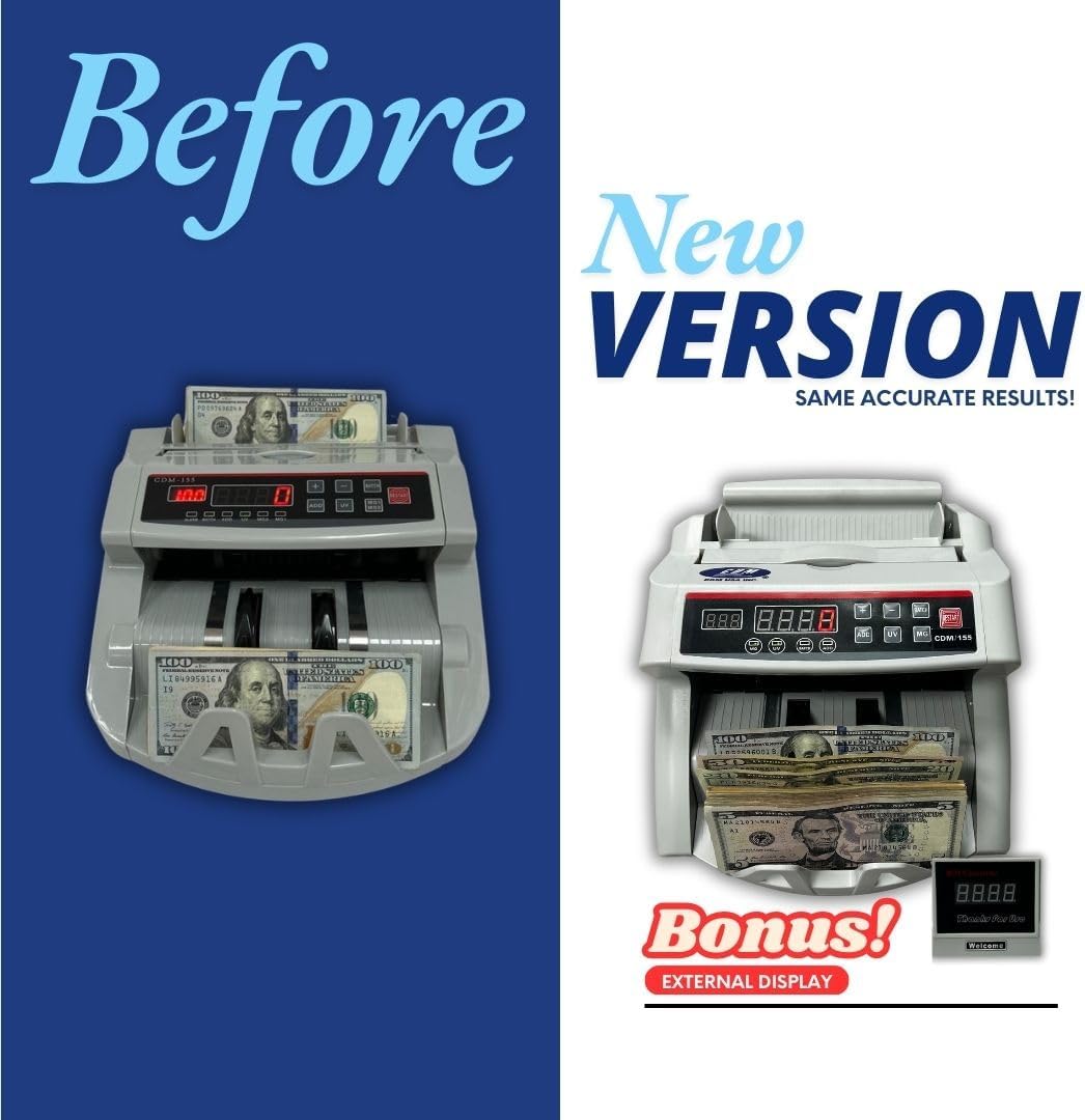 CDM-155 Advanced Money Counter Machine with UV/MG/DD/DBL/HLF/CHN Counterfeit Detection - Add and Batch Modes - Fast and Accurate Cash Counter