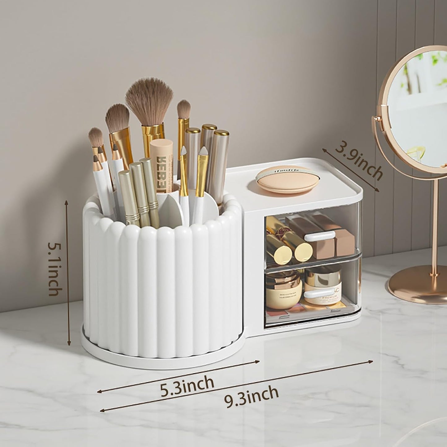Anyoifax 360 Rotating Makeup Brush Holder 7 Slots Makeup Organizer with Drawer Removable Spinning Cosmetic Storage Pen Holder for Vanity, Dresser, Desk, White