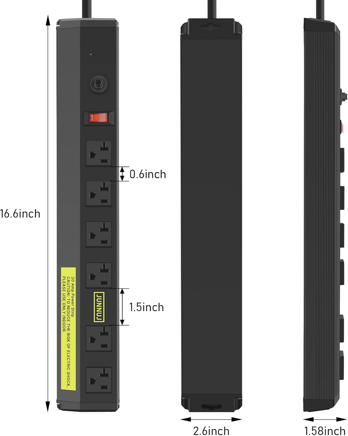 JUNNUJ Heavy Duty Metal Power Strip 20 Amp, High Amp Surge Protector 6 Outlet, 20A Power Strips Workshop Industrial Outlets Wide Spaced 6-20R T-Slot with Circuit Breaker, 12 Gauge Extension Cord 10ft