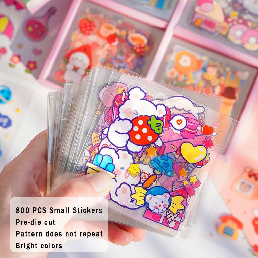 Kawaii Cartoon Rabbit Bear Stickers - EAMOTOL 800 PCS/100 Sheets Transparent PVC Cute Animals Bunny Sticker Kit for Scrapbooking Supplies Planner Clipping Bullet Junk Journals DIY Crafts Letter Cards