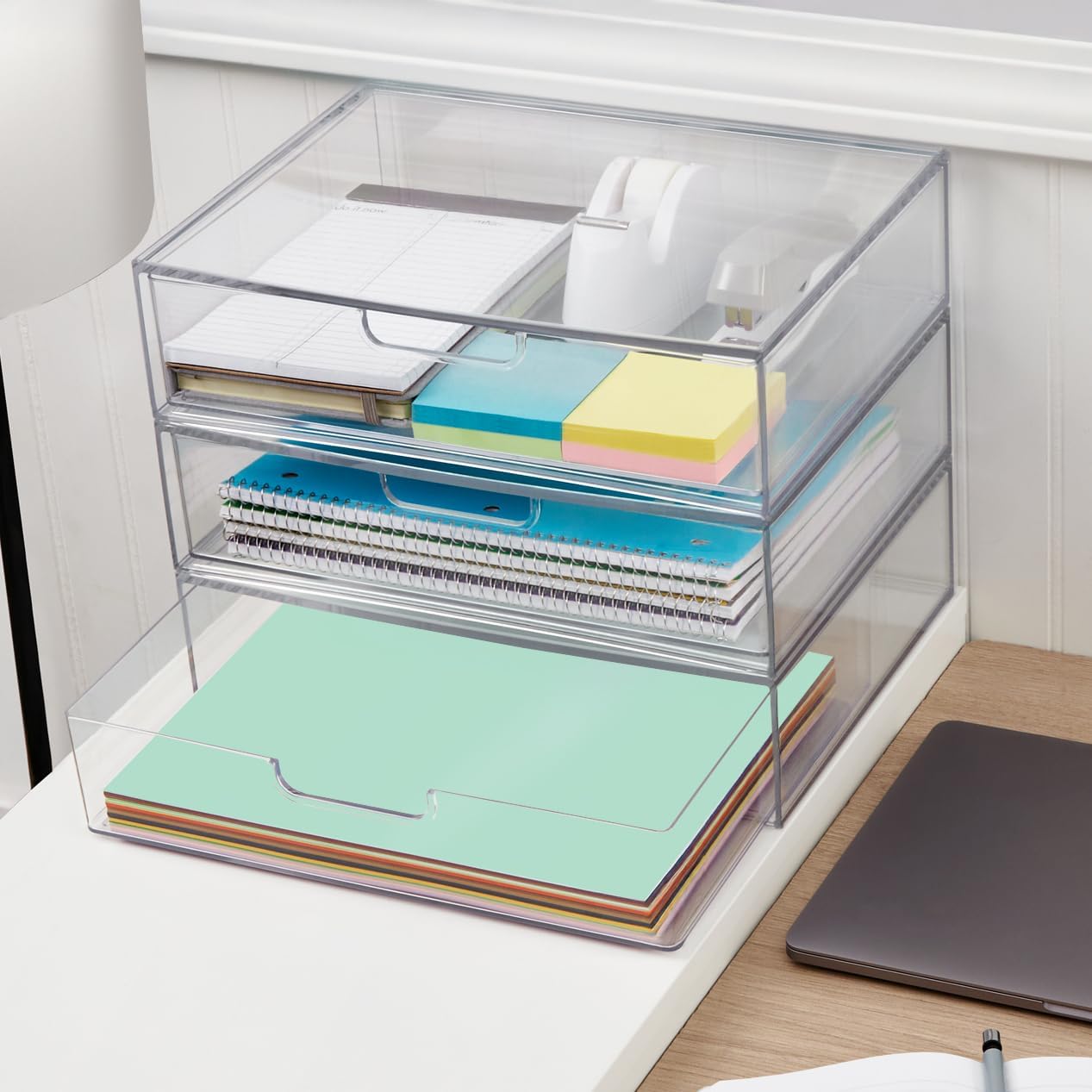 STORi STAX Plastic Stackable Organizer Drawer in Clear | 12.5-inches Wide | Organize Office Desk Accessories and Sort Letter-Size Paper | Made in USA