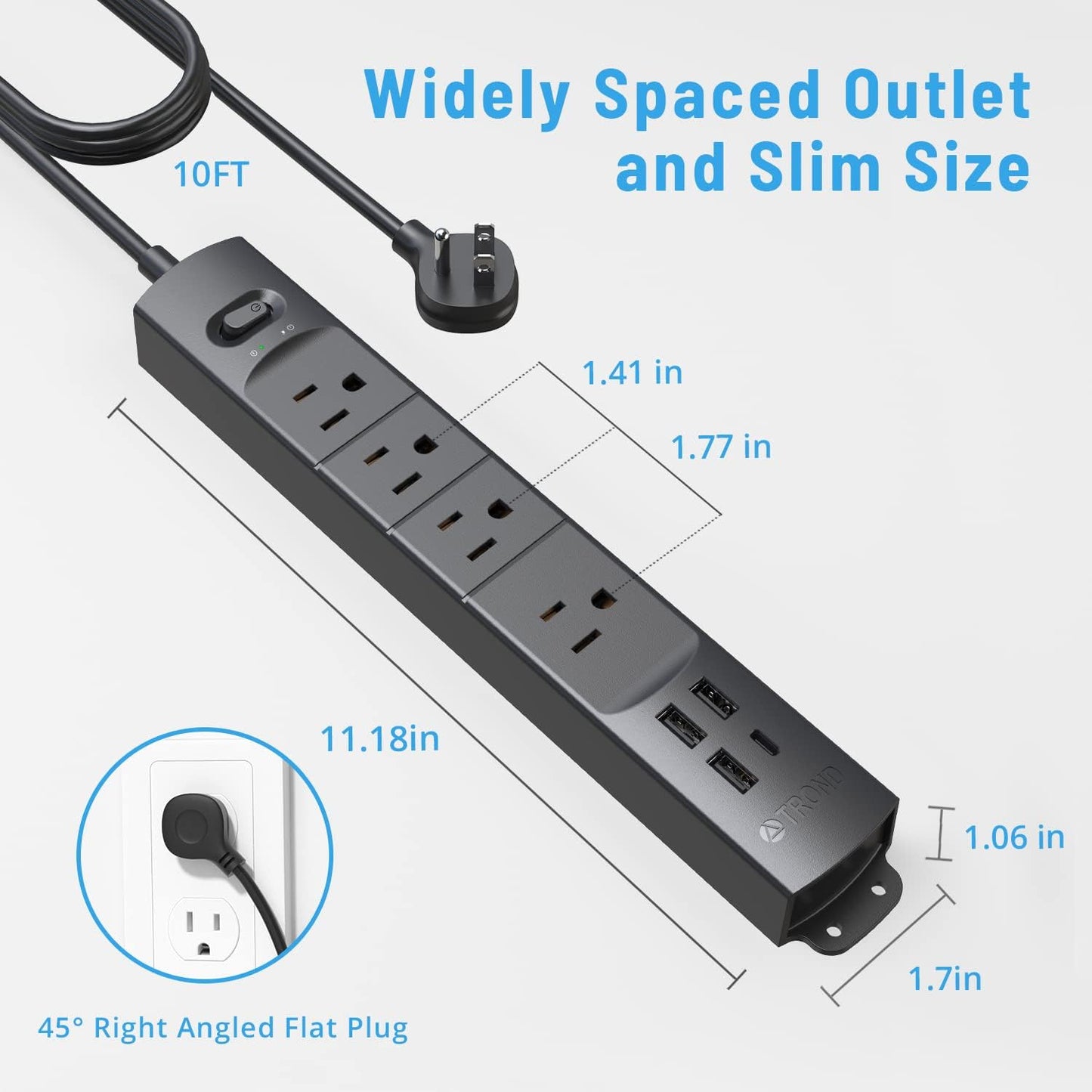 TROND Surge Protector Power Strip with USB, Ultra Thin Flat Plug 10ft Long Extension Cord 1625W, 3 USB A & 1 Type C, 4 AC Outlets 1440J Surge Protection Wall Mount for Home Office Dorm Room, Black
