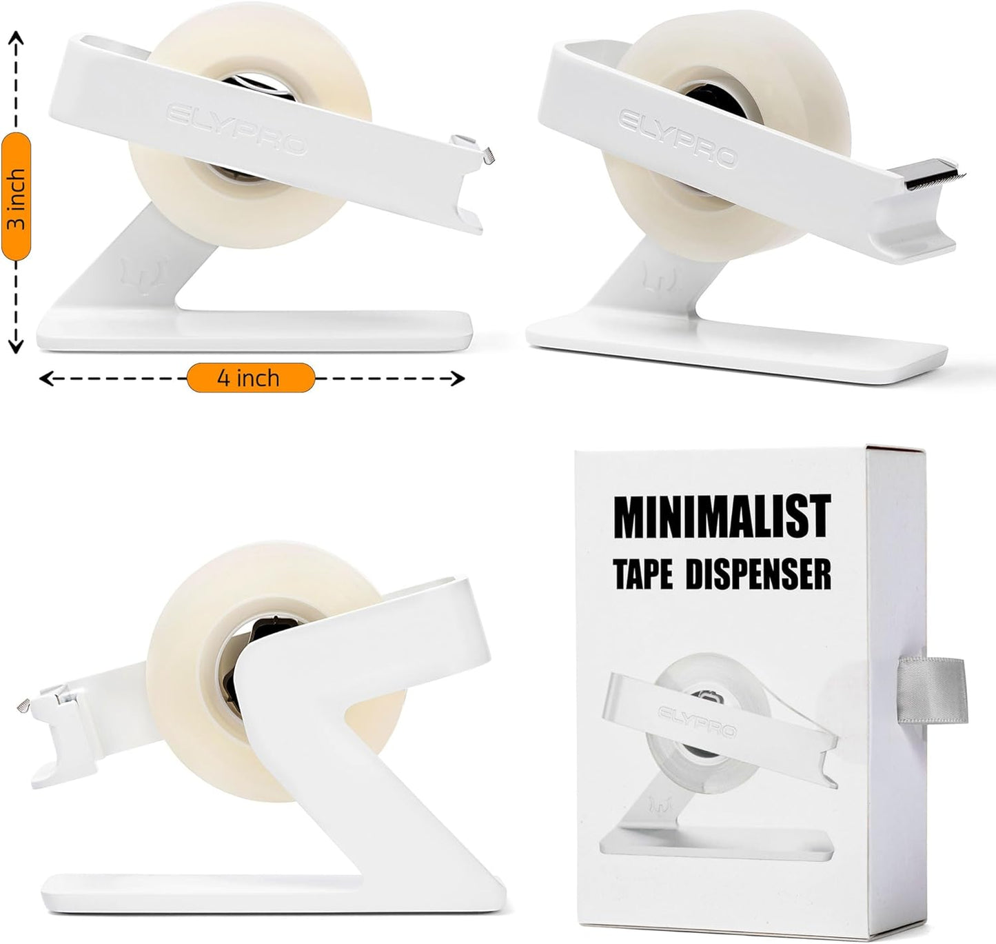 ELYPRO Modern Tape Dispenser for Office Desk - Elegant and Minimalist Design, Heavy Metal Made, Space-Saving, Perfect for Office & Home Use or as a Stylish Gift - Bonus Tape Roll Included (White)