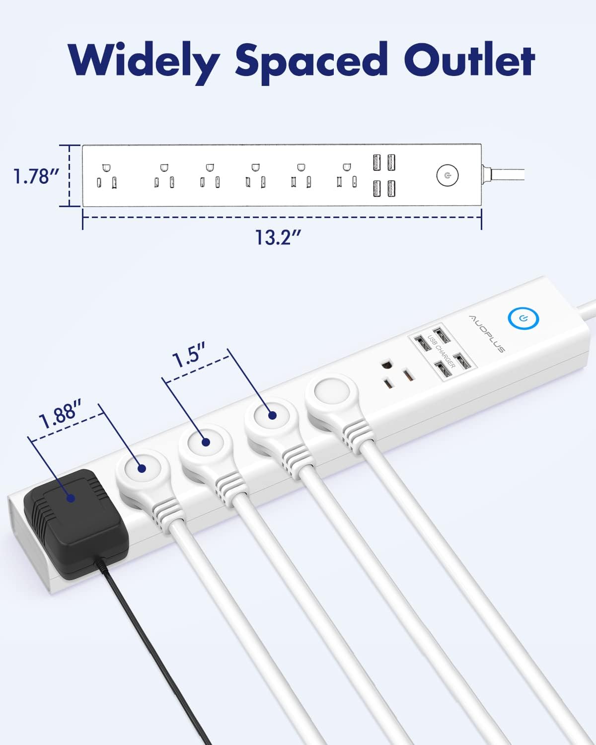 Power Strip 10Ft - Surge Protector with USB, AUOPLUS 6 Outlet and 4 USB Charger, 10Ft Long Extension Cord Flat Plug(1250W/10A/2100J), Wall Mountable Overload Protection for Computer Home Office Dorm