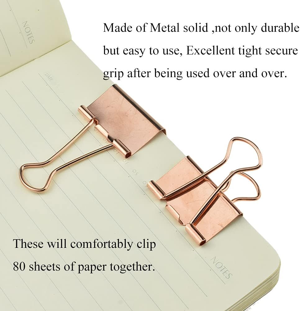 HAHIYO Binder Clips Paper Clamp Spring Steel Sturdy Medium 1.26 inch Width 0.39 Inch Capacity No Sharp Edges Heavy Duty Tight Grip Reusable Rose Gold Metal Bright Finish for Home Office School 13 Pack