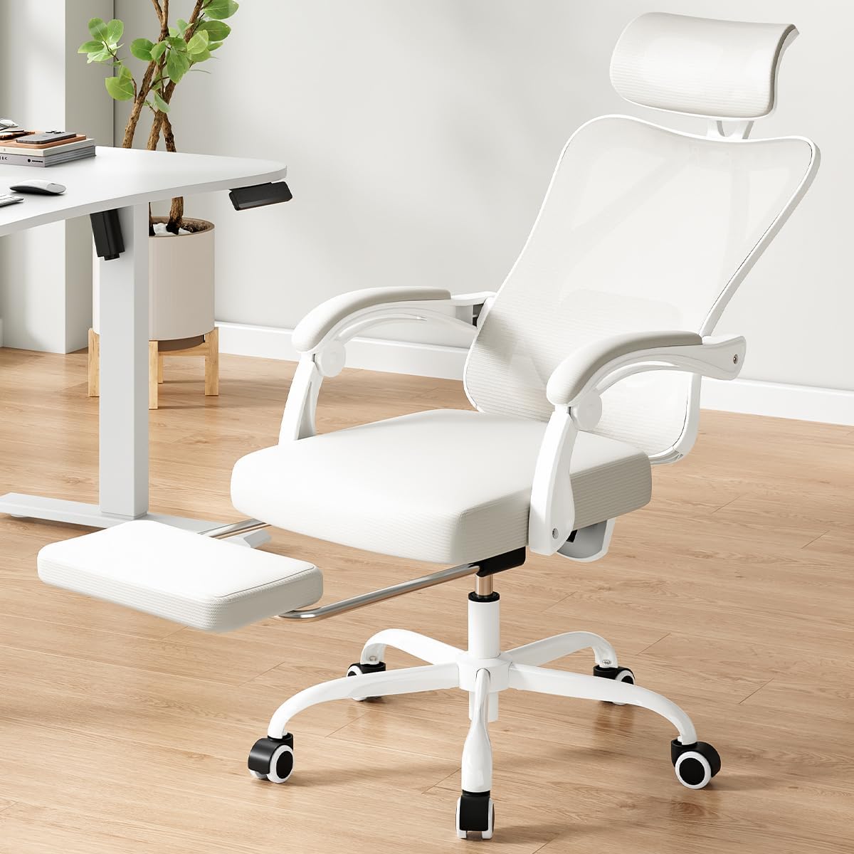 Farini Ergonomic Office Chair with Footrest, Mesh Office Desk Chair with Headrest, High Back Computer Chair with Adjustable Lumbar Support for Home Office Study Room Bedroom, White & Beige