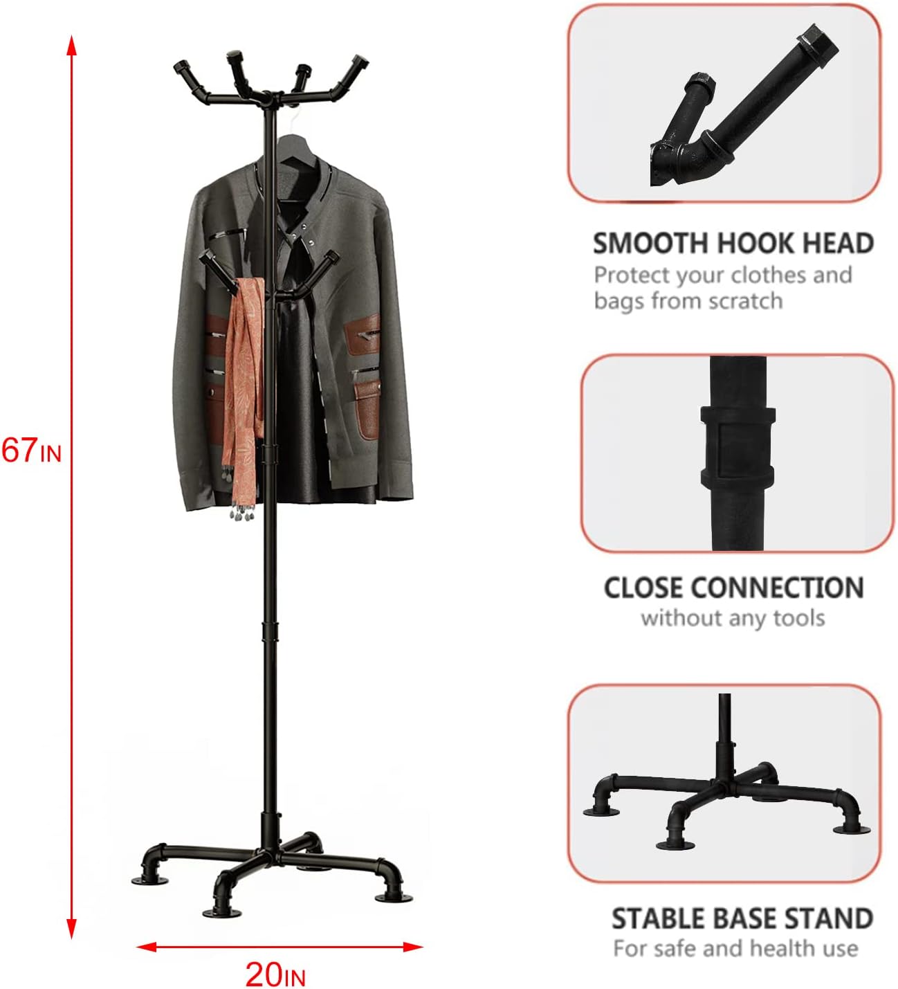 Industrial Coat Rack,Metal Pipe Coat Rack Stand Freestanding with 6 Hooks,Heavy Duty Coat Tree Sturdy Coat Racks for Entryway, Hallway, Bedroom (Black)