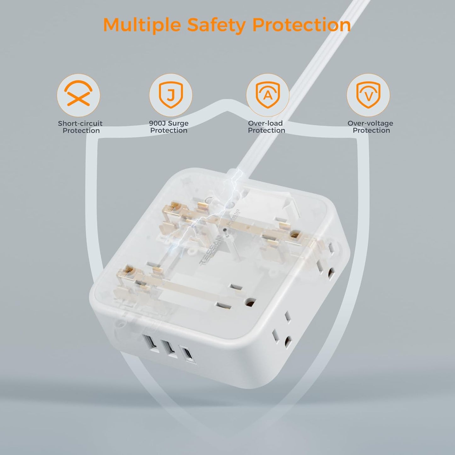 Flat Plug Long Extension Cord 25 Ft, TESSAN Power Strip Surge Protector with 8 Outlets 3 USB Ports (1 USB C), 900J Protection Desktop Charging Station for Home, Office, Dorm Room Essentials