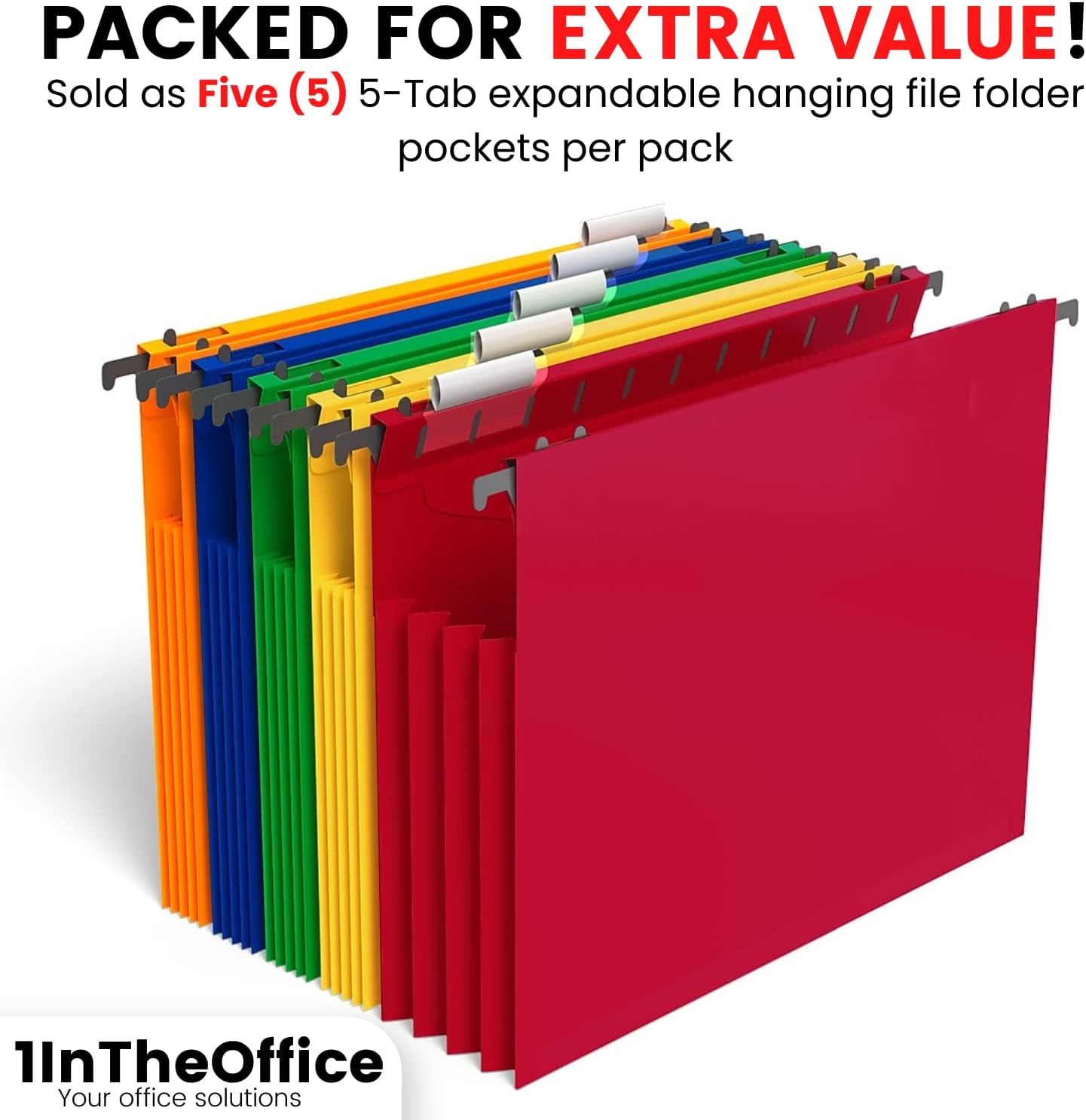 1InTheOffice Hanging File Folder, Hanging File Pocket, Expandable Hanging File Folder, Letter Size, Assorted Color, 5 Pack