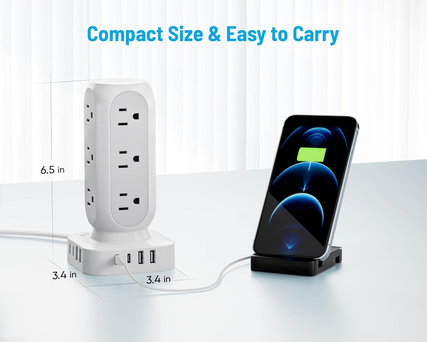 Tower Power Strip with Surge Protection, Flat Plug Outlet Extender with 12 AC Outlets & 8 USB Ports, 5 FT Extension Cord with Multiple Outlets, 24W Total Charging Station for Home Office Dorm Room
