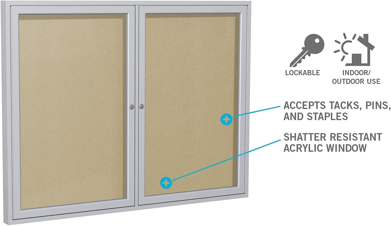 Ghent 36"x24" 1-Door Outdoor Enclosed Vinyl Bulletin Board, Shatter Resistant, with Lock, Satin Aluminum Frame - Silver (PA13624VX-193), Made in The USA
