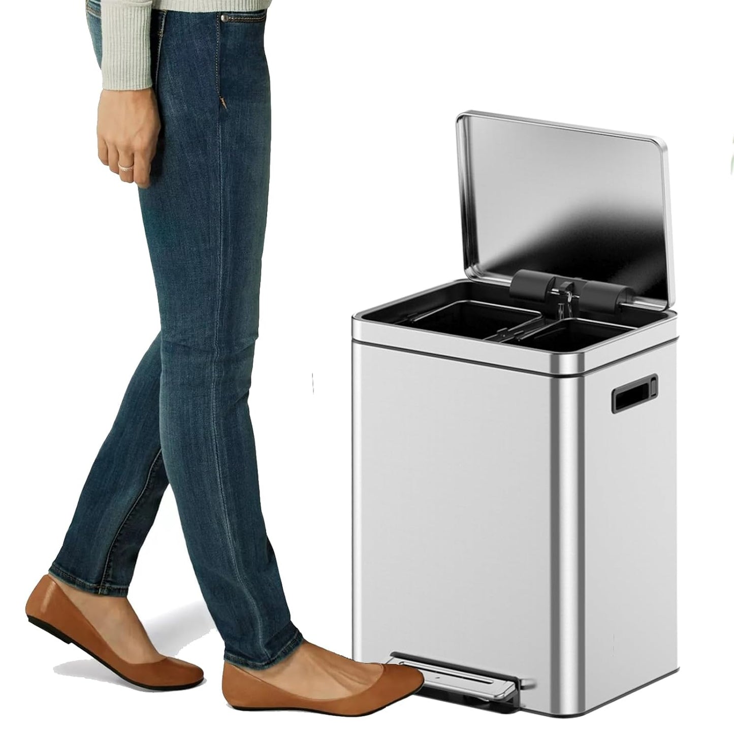 Kitchen Trash Can, 2 x 4.75 Gal (2 x 18L) Dual Trash Can with Recycle Bin, Stainless Steel Garbage Can, Fingerprint-Resistant Soft-Close Dual Recycling Bins for Kitchen