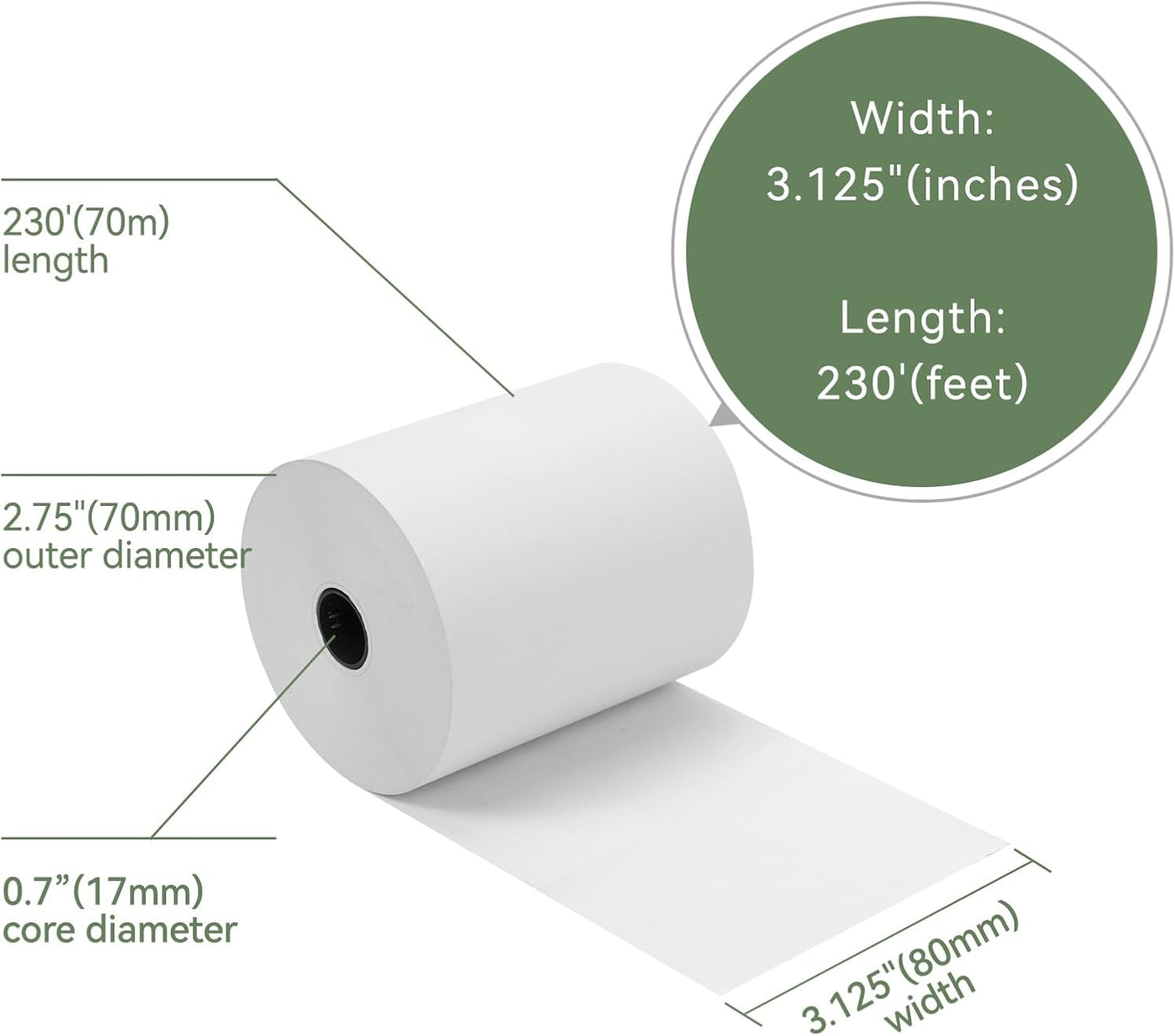 3 1/8" x 230' Premium A Grade POS Thermal Receipt Printer Paper (White-32Rolls)