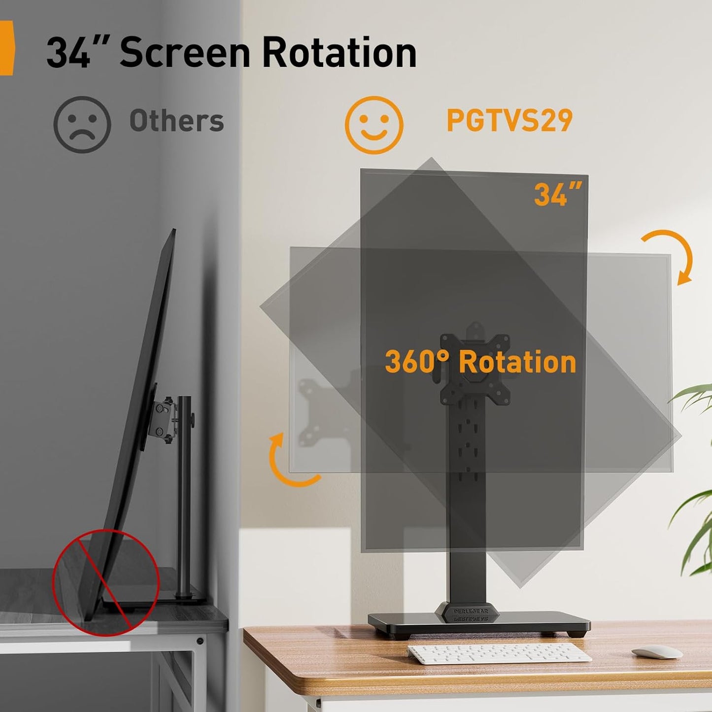 Perlegear Monitor Stand, Freestanding Monitor Mount for 13-34 inch Screens with 360 Degree Rotation, 5 Height Settings, Adjustable Desk Riser with Swivel and Tilt, Max VESA 100x100mm, PGTVS29