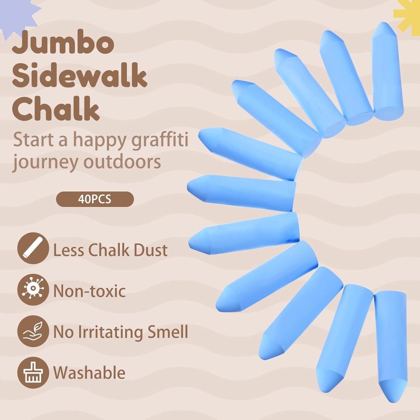 Fulmoon 40 Pcs Jumbo Sidewalk Chalk for Kids Outdoor Art Non Toxic Large Washable Street Chalk for Adults Drawing Painting Classroom(Blue,Sharp Style)