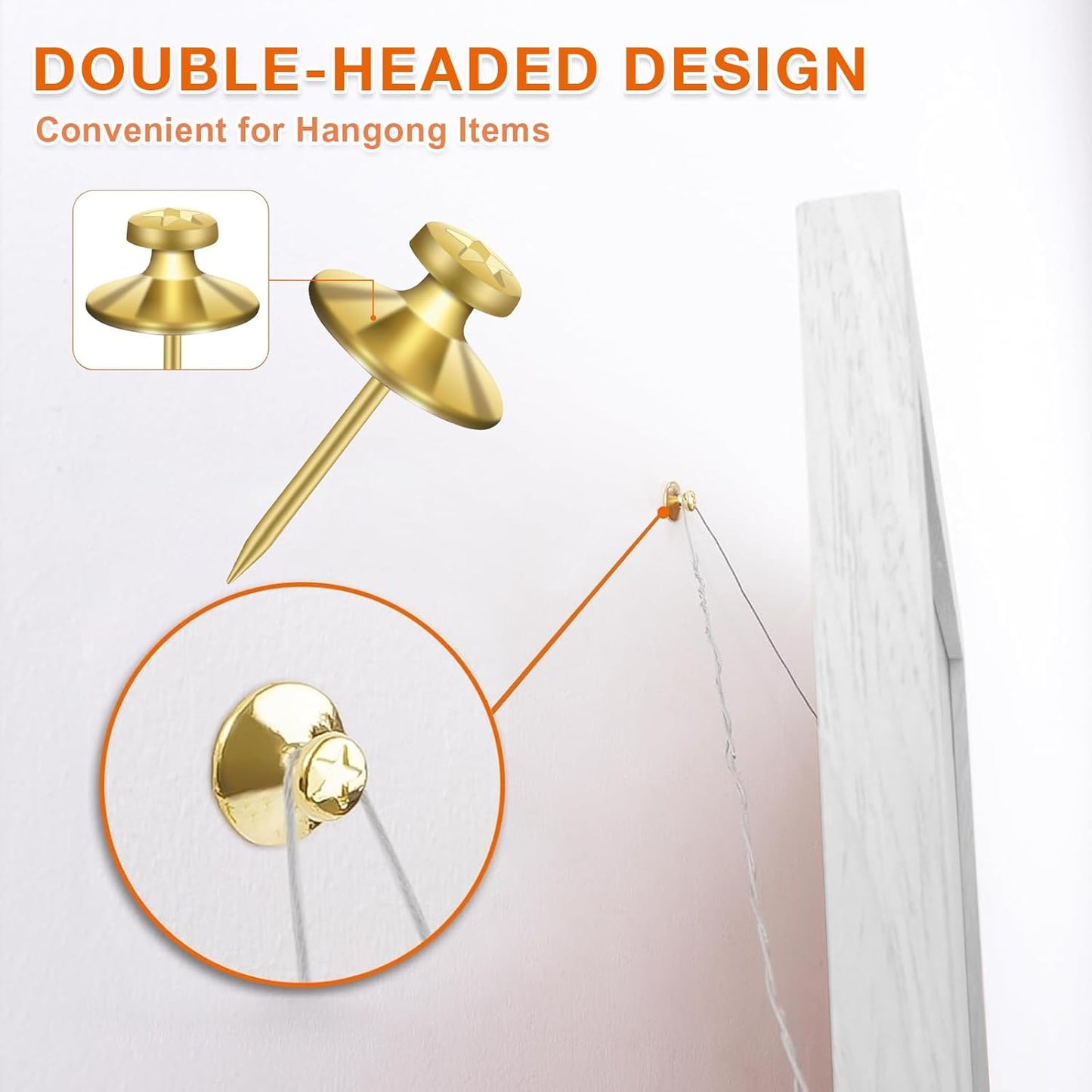 50 PCS Thumb Tacks for Wall Picture Hangers, Double Headed Picture Hanging Nails Kit, Push Pins Wall Hooks, Renter Friendly Decor Thumbtacks for Tapestry Frame Art Photos(Black &Gold)