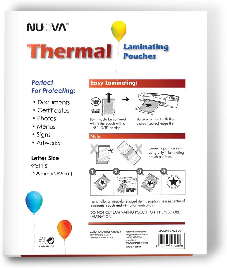 Nuova Premium Thermal Laminating Pouches, 9" x 11.5"/Letter Size/3 mil, 200 Pack (LP200H)