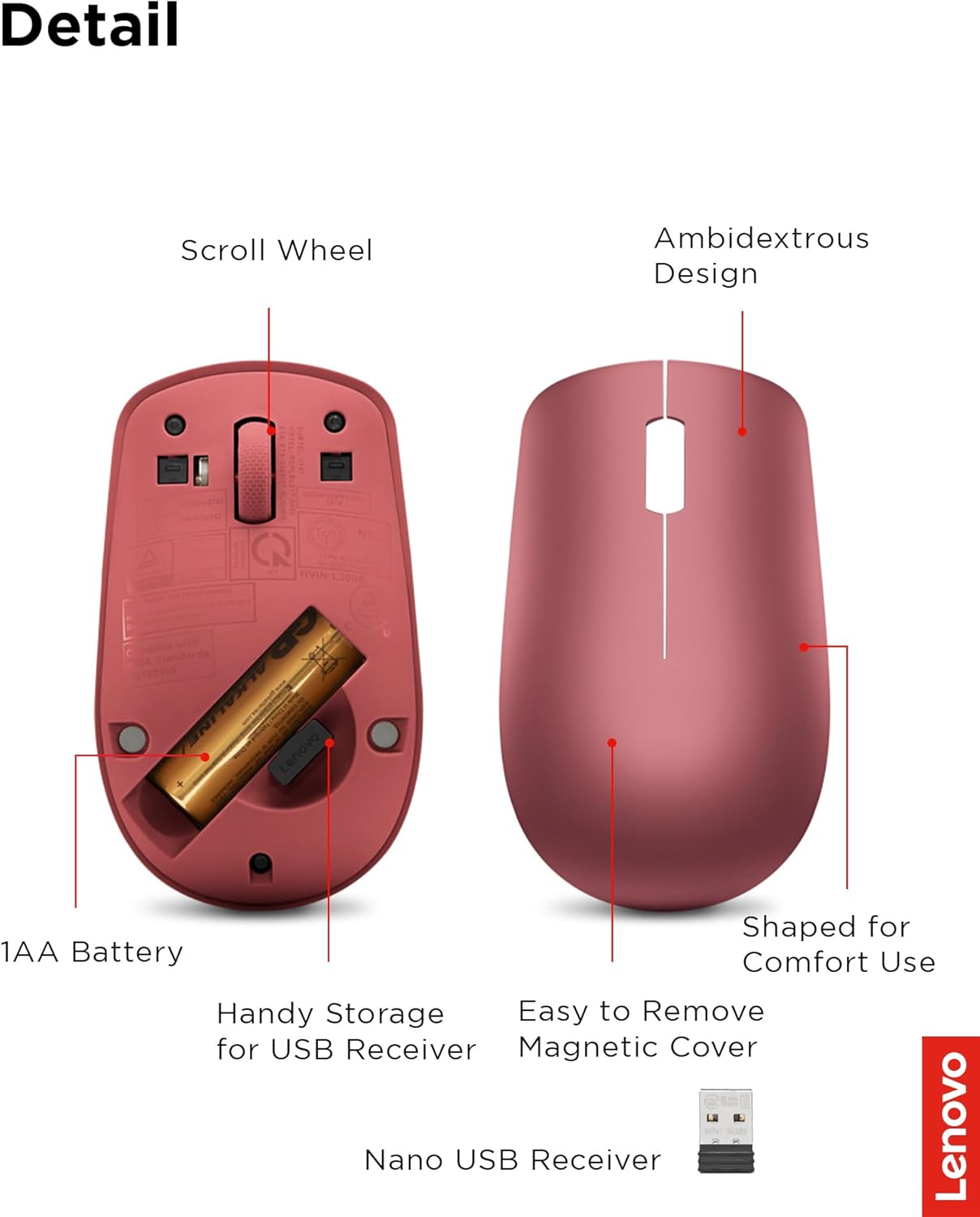 Lenovo 530 Full Size Wireless Computer Mouse for PC, Laptop, Computer with Windows - 2.4 GHz Nano USB Receiver - Ambidextrous Design - 12 Months Battery Life - Cherry Red