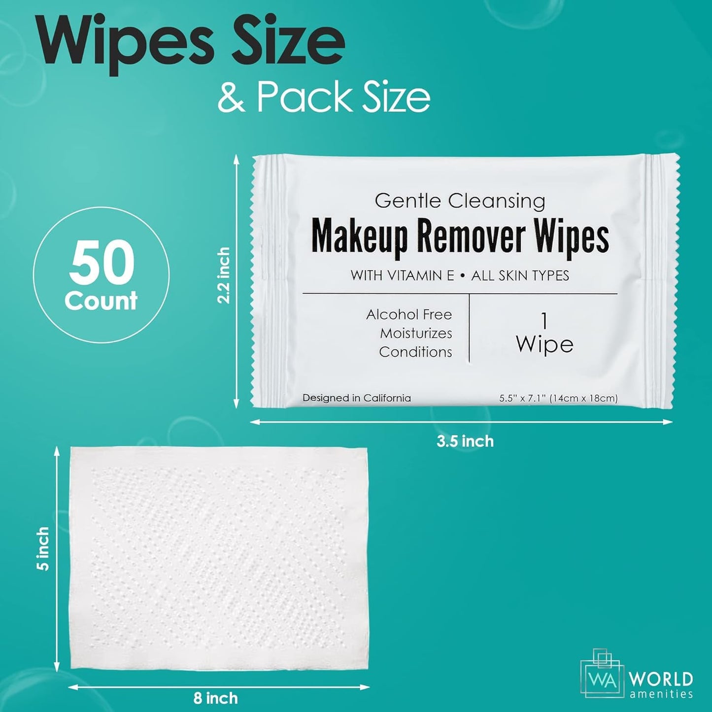 Bulk Makeup Remover Wipes | 50 Count | Individually Wrapped, Gentle Cleansing, Alcohol Free - All Skin Types - Vitamin E - 100% Recyclable, Hotel Travel Size Toiletries