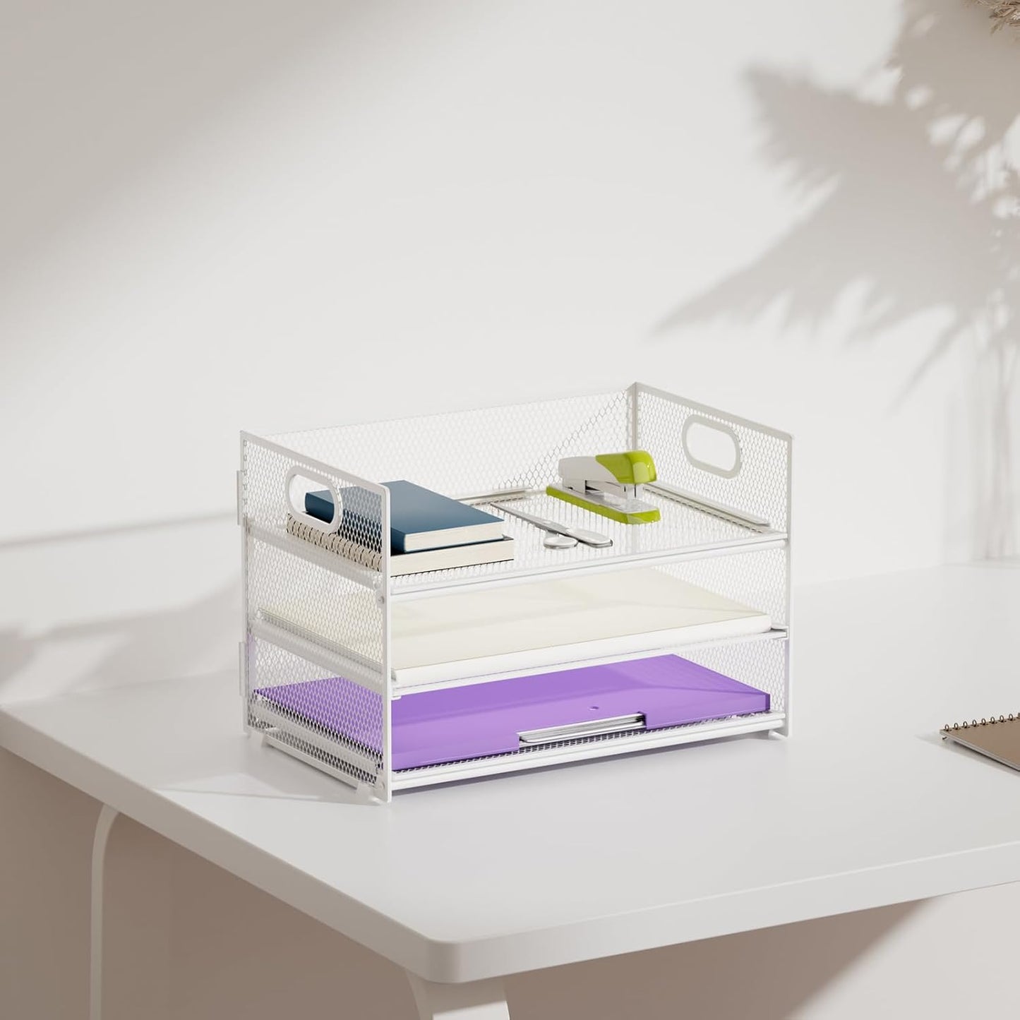 Marbrasse 3 Tier Paper Organizer Letter Tray, Mesh File Organizer with Handle, Paper Sorter Desk Organizer for Home Office Supplies(White)