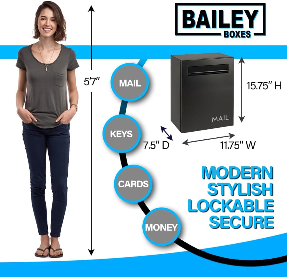 Wall-Mounted Modern Locking Mailbox from Bailey Boxes: Enhance Your Home with The Franklin - 15.75" H x 11.75" W x 7.5" D. Elevate Your Space with This Stylish and Secure Addition.