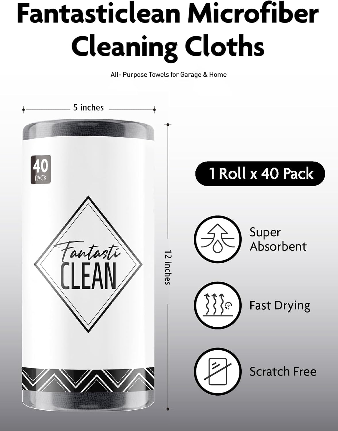 Fantasticlean Microfiber Cleaning Cloth Roll -40 Pack, Tear Away Microfiber Towels, 12" x 12", Reusable, Washable, Scratch Free, Ultra Absorbent Dish Rags for Car, Home, Garage or Shop (DimGrey)