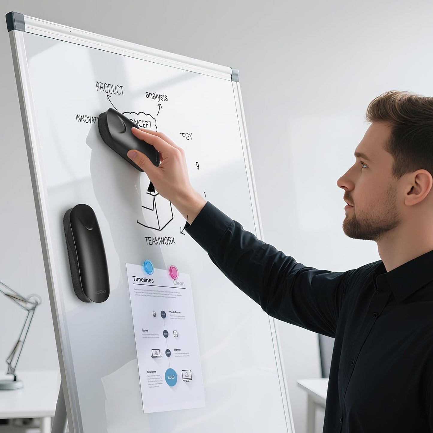 MaxGear Dry Erase Eraser, Magnetic Whiteboard Eraser for Glass Board, Dry Erase Board, Dry Erase Board, Chalkboard Wiper with Built-in Magnet, Teacher Supplies for School, Office, Home, Black, 2 Pack