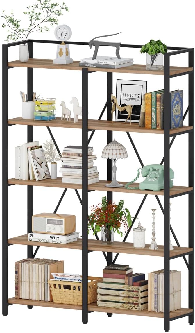 BON AUGURE Industrial Bookshelves and Bookcases, 5 Tier Heavy Duty Etagere Shelving Unit, Farmhouse Rustic Wood Metal Book Shelves for Office, Living Room and Bedroom (Vintage Oak)