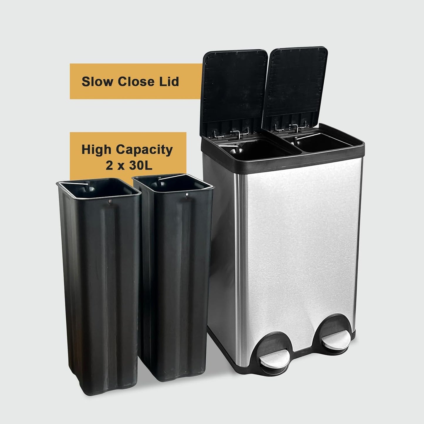 Dual Trash Can, 60 Liter/16 Gallon Dual Bin Trash Can with Lids, Kitchen Trash Can Dual Compartments, Trash and Recycling Bin Combo, Hands-Free Stainless Steel Kitchen Trash Can